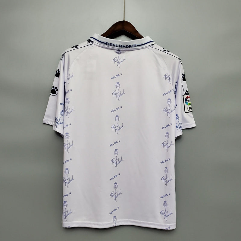 Camisa Real Madrid Titular Retrô 94/96 Home Kelme Branco Azul Cinza - Uniforme 1 Retrô Gola Polo Branco e Azul Kelme Teka