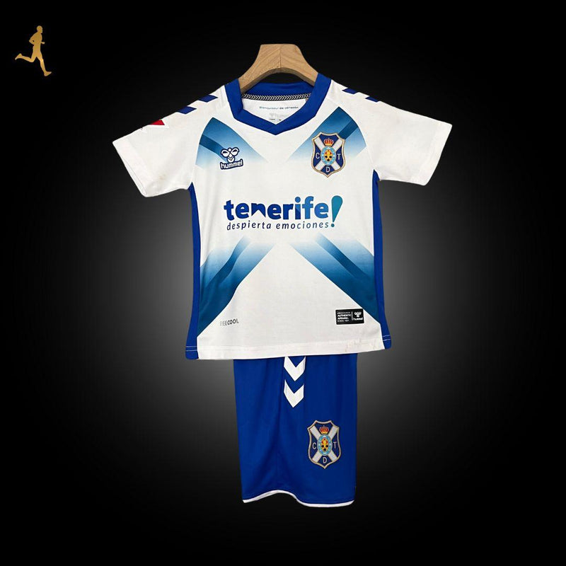 Kit Infantil de Futebol Tenerife Home 24/2025 Versão Torcedor Branco Azul - Hummel - Laliga Hypermotion