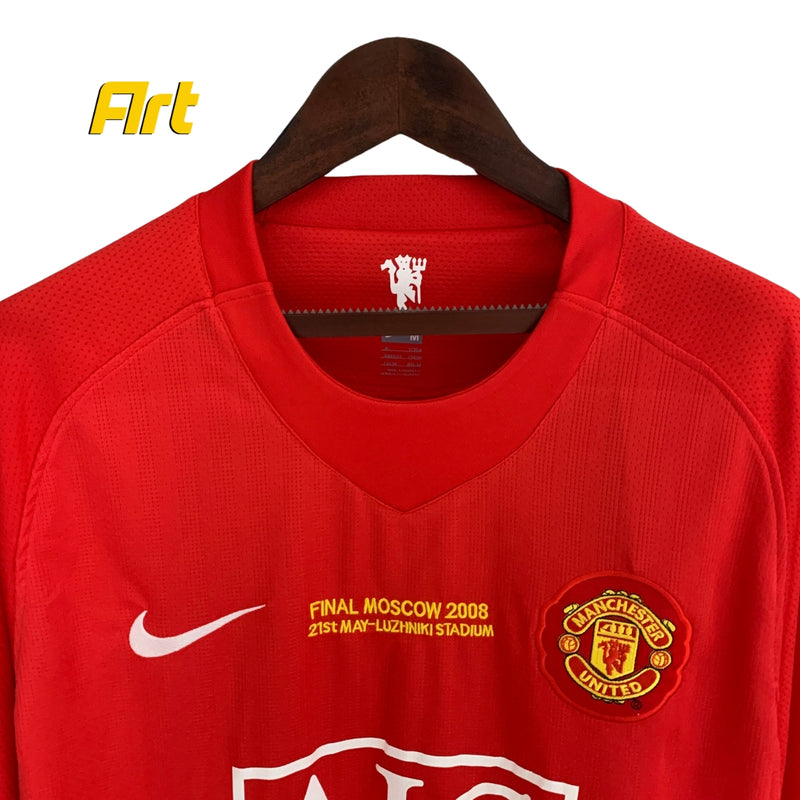 Camisa Manchester United Home Retrô Manga Longa 2007/08 - Vermelho e Branco AIG