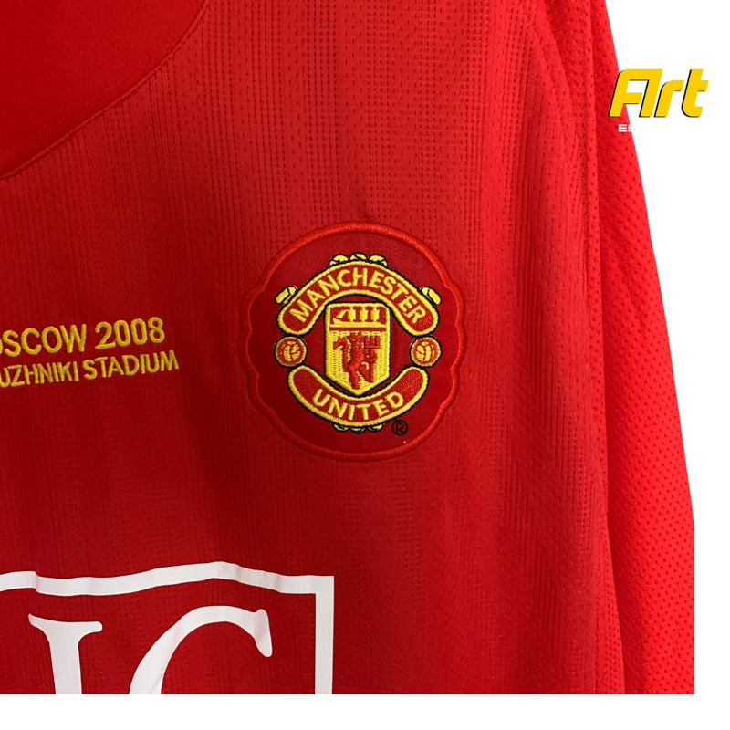 Camisa Manchester United Home Retrô Manga Longa 2007/08 - Vermelho e Branco AIG