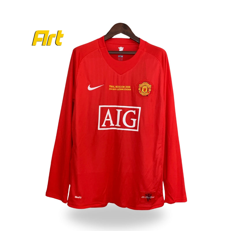 Camisa Manchester United Home Retrô Manga Longa 2007/08 - Vermelho e Branco AIG