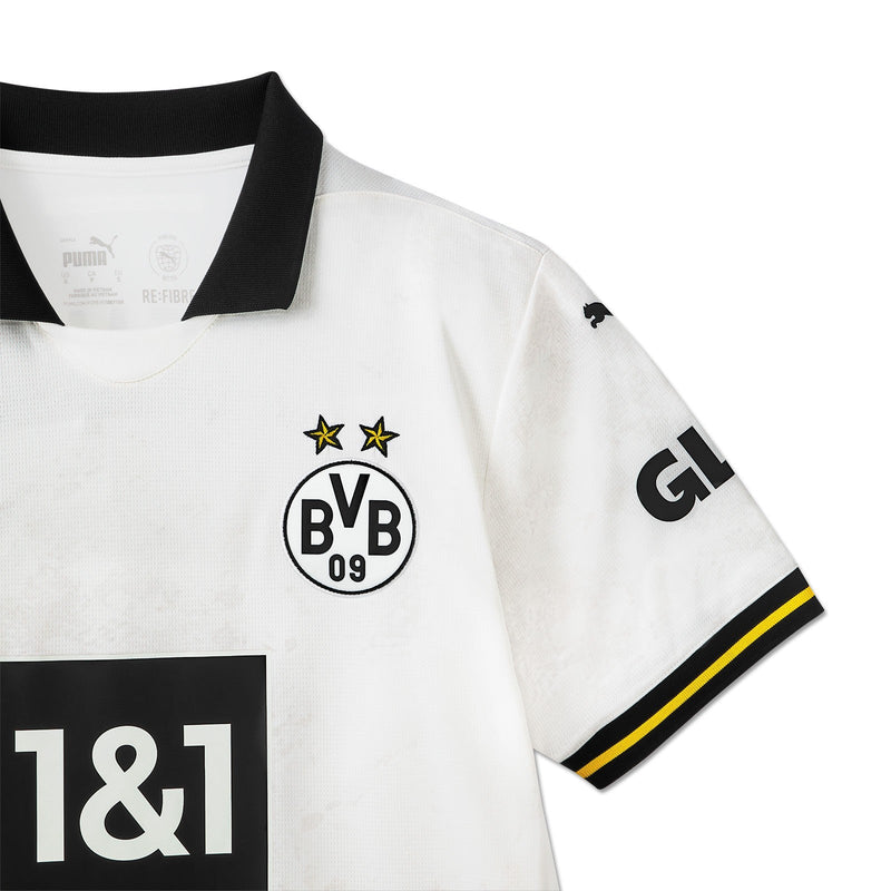 camisa-borussia-dortmund-away-III-24-25-versao-torcedor-bordado-puma-branco-preto-amarelo-gola-polo