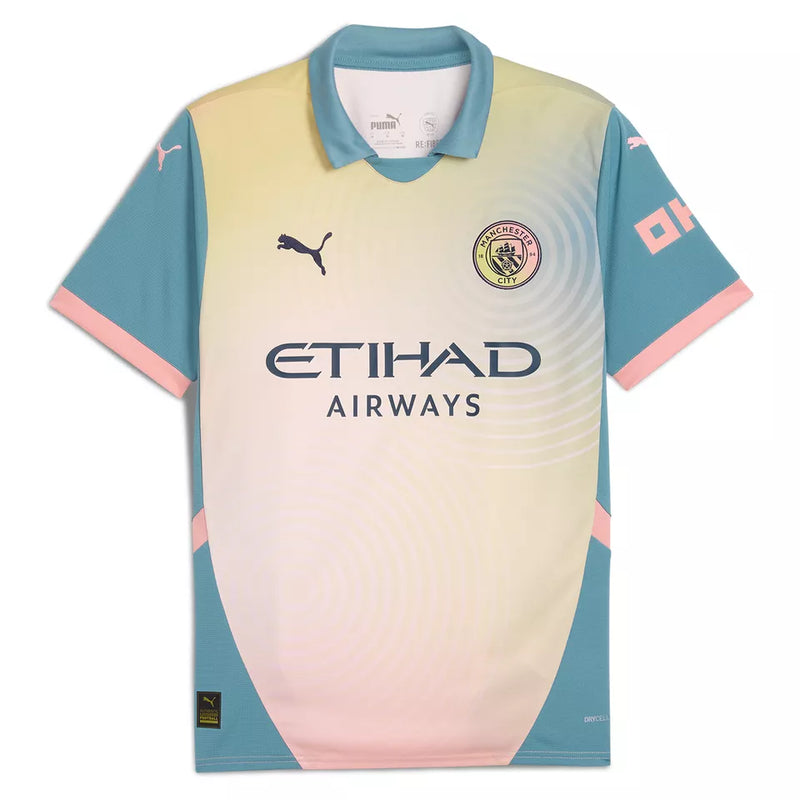 camisa-manchester-city-24-25-IV-fourth-polo-versão-torcedor-silkado-puma-emborrachado-bege-azul-salmão