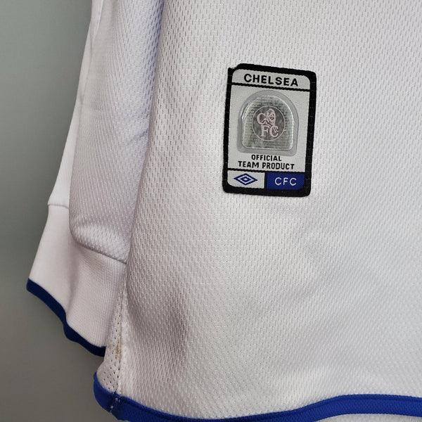 camisa-chelsea-away-manga-longa-branco-azul-retrô-2003-2005-away-reserva-visitante-II-kole-drogba