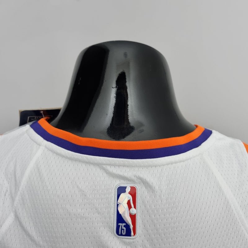 camisa-phoenix-suns-regata-de-basquete-booker-ayton-paul-3-1-22-versão-torcedor-branca-laranja-azul-manequim-preto-75-anos-nba-frete-grátis-diamond