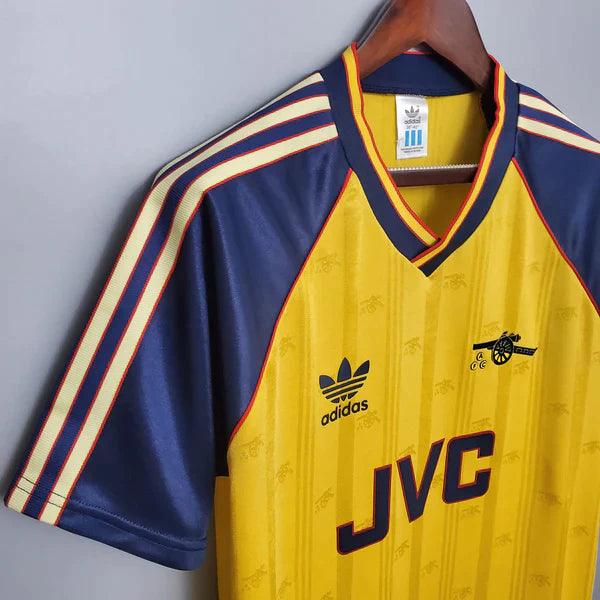 camisa-arsenal-retrô-1988-1989-amarelo-gola-v-manga-curta-azul-listras-amarelas-e-brilhantes-gunners-premiere-league