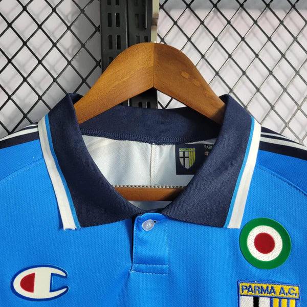 camisa-parma-retrô-third-azul-branco-1999-2000-gola-polo-azul-preto-branco-parmalat-champion-listrado