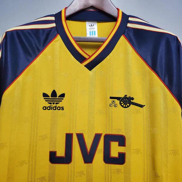 camisa-arsenal-retrô-1988-1989-amarelo-gola-v-manga-curta-azul-listras-amarelas-e-brilhantes-gunners-premiere-league