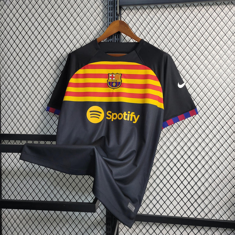 camisa-linda-barcelona-treino-preto-grená-azul-amarelo-spotify-nike-23-24-lewandoswki-pedri-gavi-neymar-jordi-alba