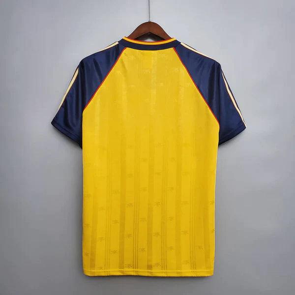 camisa-arsenal-retrô-1988-1989-amarelo-gola-v-manga-curta-azul-listras-amarelas-e-brilhantes-gunners-premiere-league