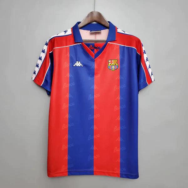 camisa-barcelona-retrô-romário-ronaldo-1992-1995-grená-azul-gola-polo-branco-barça