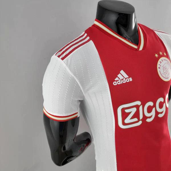 camisa-ajax-manto-ajax-home-branco-vermelho-adidas-22-23-torcedor-jogador-campeonato-alemao-ajax-Brian-Brobbey