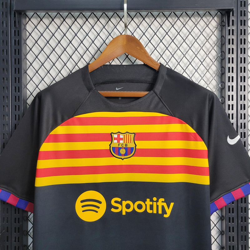 camisa-linda-barcelona-treino-preto-grená-azul-amarelo-spotify-nike-23-24-lewandoswki-pedri-gavi-neymar-jordi-alba