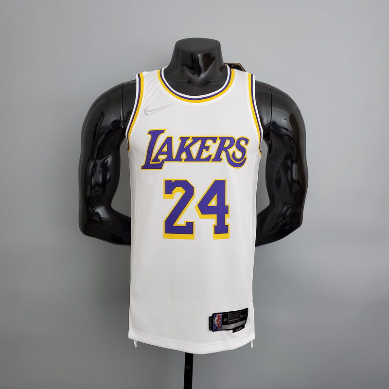 camisa-regata-de-basquete-los-angeles-lakers-branco-roxo-amarelo-24-kobe-bryant-mamba-retrô-manequim-preto