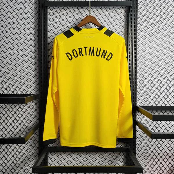 camisa-borussia-dortmund-manga-longa-titular-22-23-amarelo-preto-gola-preta-grade-fundo-frente-bordado-costas