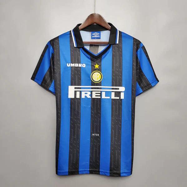 camisa-inter-de-milão-I-titular-97-98-retrô-preto-azul-listrado-home-clássica-internazionale-ronaldo-fenômeno-gola-polo