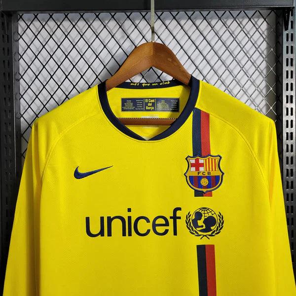 camisa-barcelona-manga-longa-2008-2009-away-visitante-reserva-amarelo-grená-frio-messi-xavi-iniesta-puyol-2008-2009-versão-torcedor-times-espanhol