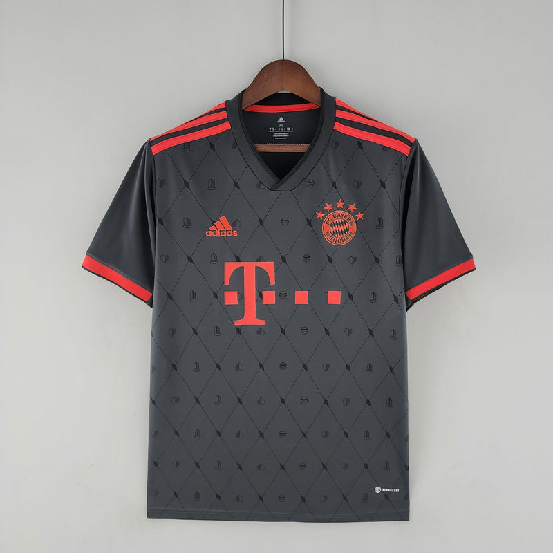 camiseta-bayern-munich-away-visitantes-23-24-preta-vermelho-cinza-harry-kane-muller-manuel-neuer-sané-choupomonting-adidas