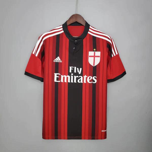 camisa-ac-milan-titular-I-2014-2015-retrô-gola-preta-botão-climacool-tres-listrar-branco-manga-curta-preta