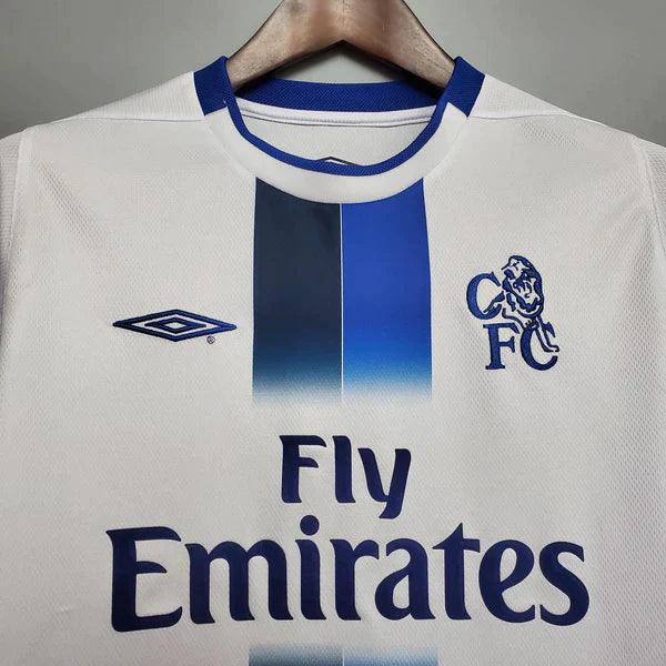 camisa-chelsea-away-reserva-II-2002-2003-branco-azul-gola-azul-retrô-manga-longa-bordado