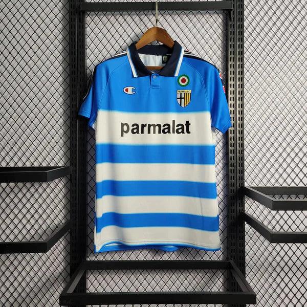 camisa-parma-retrô-third-azul-branco-1999-2000-gola-polo-azul-preto-branco-parmalat-champion-listrado