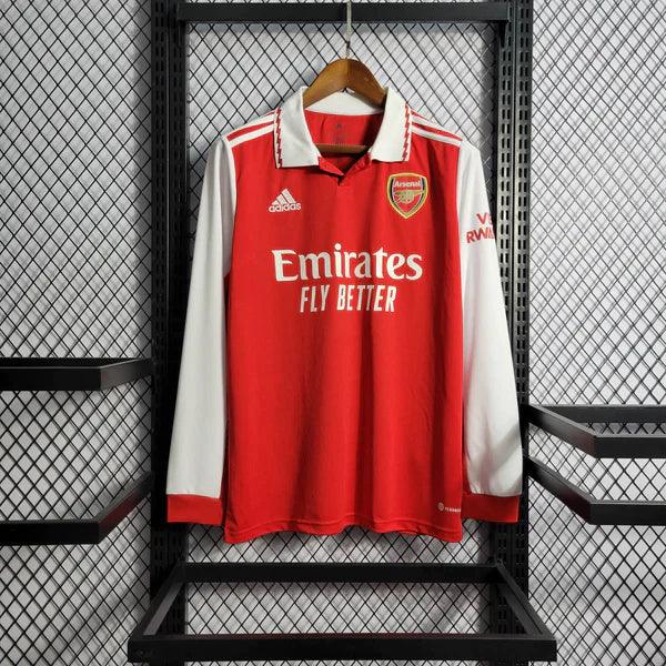 camisa-arsenal-manga-longa-titular-I-home-gola-polo-vermelho-branco-punho-elástico-adidas-fly-better-bordado-fundo-grade-2022-2023-botão-costas-frente