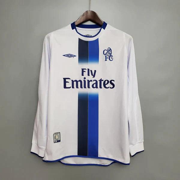 camisa-chelsea-away-reserva-II-2002-2003-branco-azul-gola-azul-retrô-manga-longa