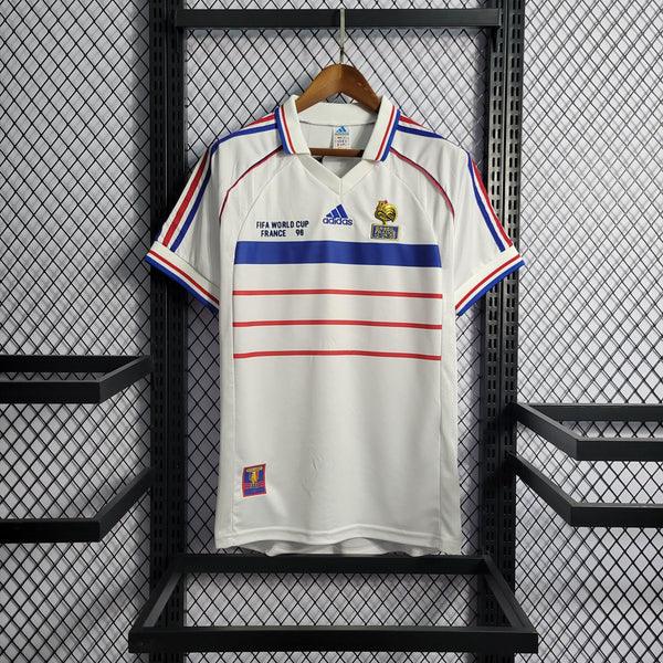 camisa-frança-II-reserva-visitante-away-1998-copa-do-mundo-final-zidane-branca-vermelha-azul-gola-polo