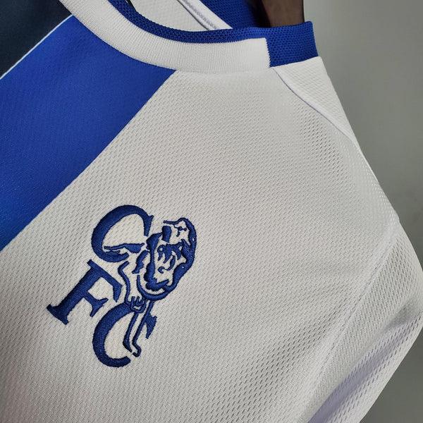 camisa-chelsea-away-manga-longa-branco-azul-retrô-2003-2005-away-reserva-visitante-II-kole-drogba