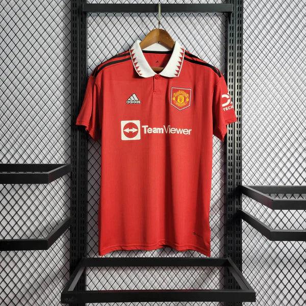 camisa-manchester-united-I-titular-home-22-23-versão-torcedor-manga-curta-gola-polo-vermelho-branco