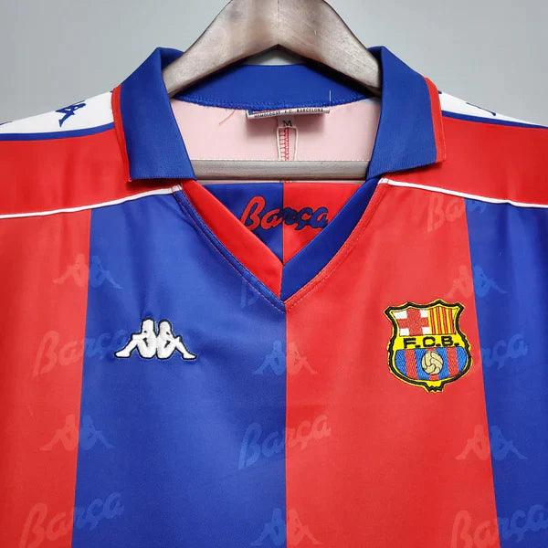 camisa-barcelona-retrô-romário-ronaldo-1992-1995-grená-azul-gola-polo-branco-barça