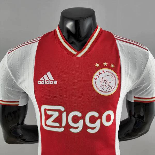 camisa-ajax-manto-ajax-home-branco-vermelho-adidas-22-23-torcedor-jogador-campeonato-alemao-ajax-Brian-Brobbey