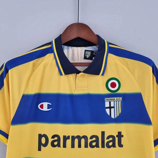 camisa-parma-titular-I-home-retrô-1999-2000-amarelo-azul-gola-polo-preta-manga-curta-serie-A-retrô