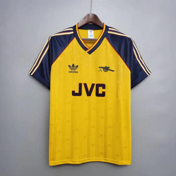 camisa-arsenal-retrô-1988-1989-amarelo-gola-v-manga-curta-azul-listras-amarelas-e-brilhantes-gunners-premiere-league