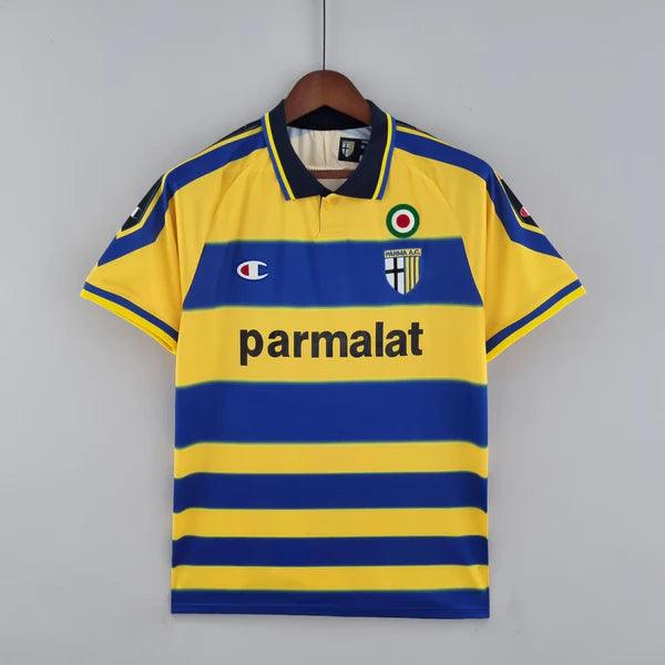 camisa-parma-titular-I-home-1999-2000-amarelo-azul-gola-polo-preta-manga-curta-serie-A-retrô