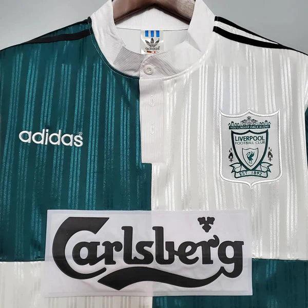 camisa-liverpool-away-visitante-retrô-1995-1996-branco-verde-gola-branca-botão-listras-brilhantes-adidas