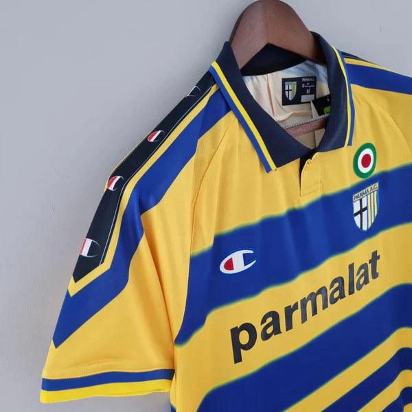 camisa-parma-titular-I-home-retrô-1999-2000-amarelo-azul-gola-polo-preta-manga-curta-serie-A-retrô