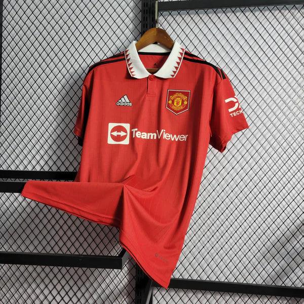 camisa-manchester-united-I-titular-home-22-23-versão-torcedor-manga-curta-gola-polo-vermelho-branco