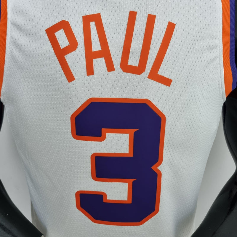 camisa-phoenix-suns-regata-de-basquete-booker-ayton-paul-3-1-22-versão-torcedor-branca-laranja-azul-manequim-preto-75-anos-nba-frete-grátis-diamond