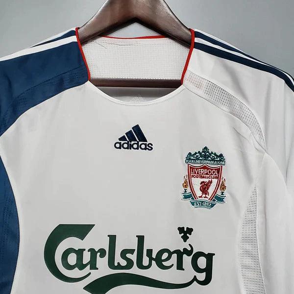 camisa-liverpool-2006-retrô-branca-branco-azul-marinho-versão-torcedor-linda-antiga-história-do-liverpool-lfc-adds-academia-camisa-de-time-