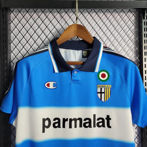 camisa-parma-retrô-third-azul-branco-1999-2000-gola-polo-azul-preto-branco-parmalat-champion-listrado