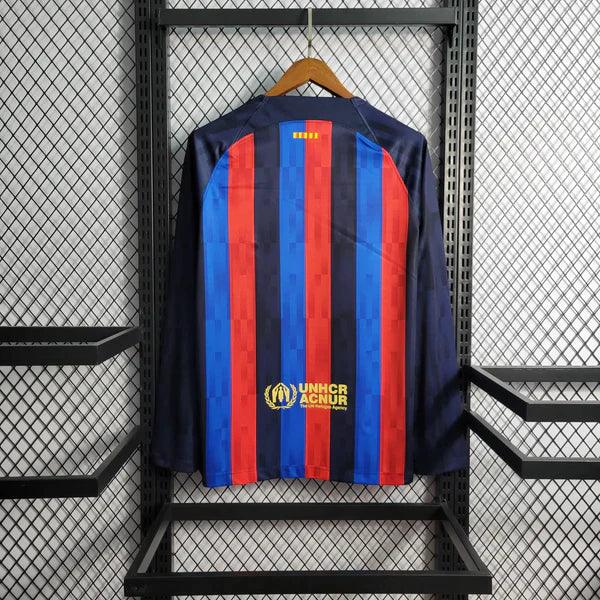 Camisa Barcelona Titular Manga Longa I Listrada - Home 2022/23 - Uniforme Nike Vermelho Azul