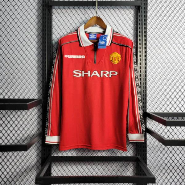 camisa-manchester-united-titular-I-manga-longa-retrô-gola-polo-manga-vermelha-preta-branca-sharp-umbro-1998-1999