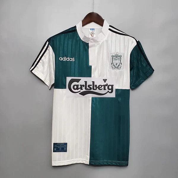 camisa-liverpool-away-visitante-retrô-1995-1996-branco-verde-gola-branca-botão-listras-brilhantes-adidas