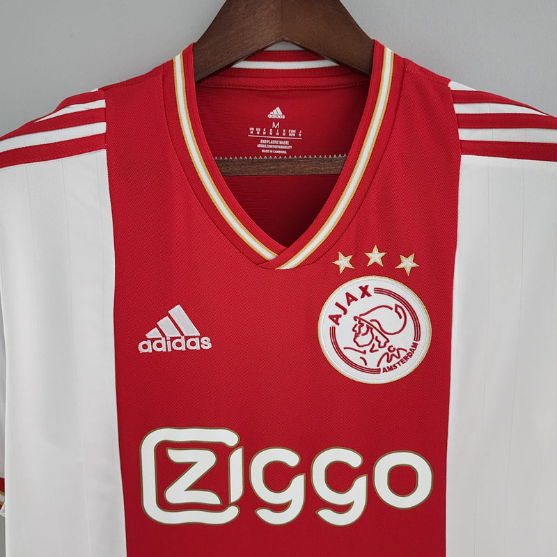 camisa-ajax-manto-ajax-home-vermelho-branco-adidas-22-23-torcedor-campeonato-alemao-ajax-Brian-Brobbey