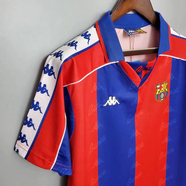 camisa-barcelona-retrô-romário-ronaldo-1992-1995-grená-azul-gola-polo-branco-barça