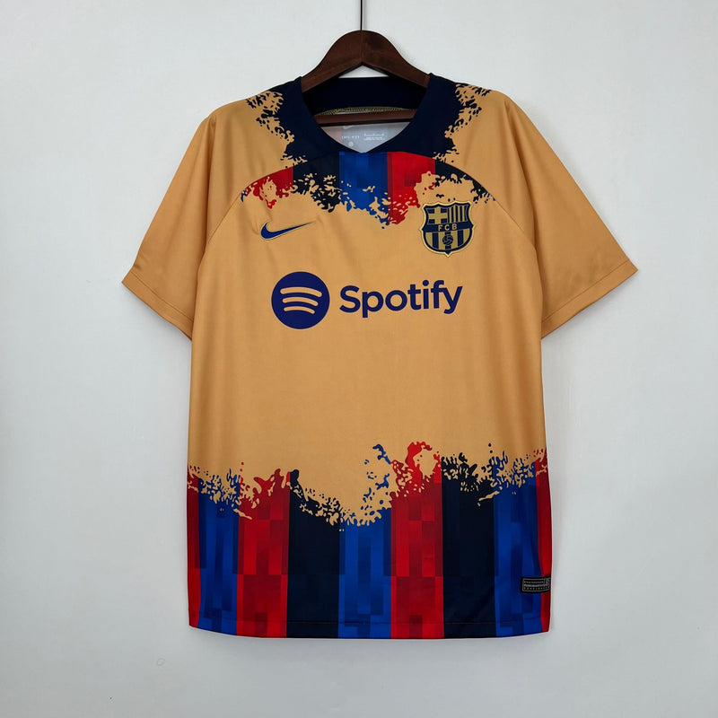 camisa-barcelona-nike-away-23-24-amarelo-azul-preto-grená-pedri-jordi-alba-lewandowski-gavi-xavi-rafinha-torcedor