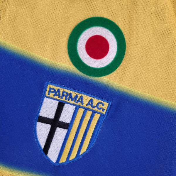 camisa-parma-titular-I-home-retrô-1999-2000-amarelo-azul-gola-polo-preta-manga-curta-serie-A-retrô