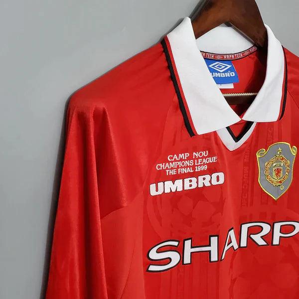 camisa-manchester-united-manga-longa-retrô-gola-polo-branca-umbro-sharp-bordado-punho-preto-detalhes