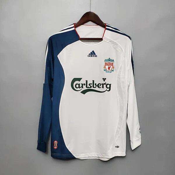 camisa-liverpool-II-reserva-away-2006-2007-branca-azul-manga-longa